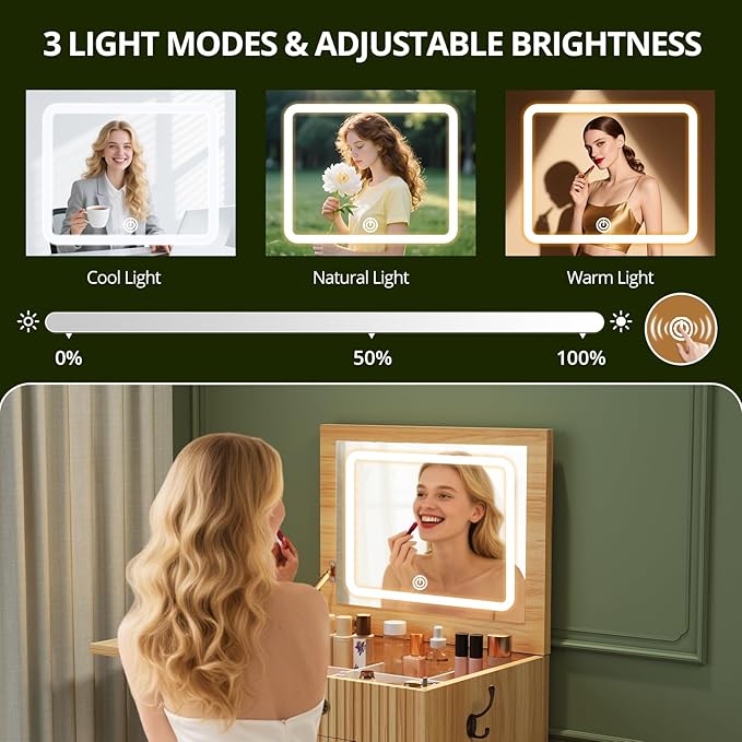 FURSUN 3-in-1 Vanity with Flip Mirror & Lights, Fluted Compact Vanity Table with 3 Drawers, Storage Compartment and Rolling Stool, Modern Small Makeup Vanity for Bedroom, Powder Room, Natural Oak