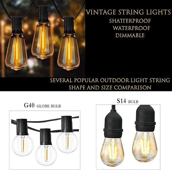 100ft Outdoor String Lights 30 ft with 27 LED Edison Bulbs, Dimmable Waterproof Shatterproof 2200K Warm