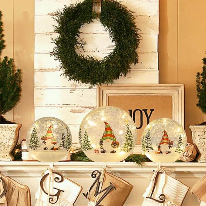 PHITRIC Christmas Decorations Indoor, 3 PCS Sparkling Christmas Gnomes Globes with LED Lights and Timer, Xmas Table Decor Centerpieces Crackle Glass Ball for Fireplace, Home, Tabletop, Mantel, Shelf