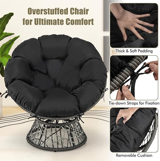 RELAX4LIFE Swivel Wicker Papasan Chair - 360° Rotatable Comfy Circle Chairs with Cushion and Frame for Indoor & Outdoor, Oversized Lazy Lounge Reading Chair for Bedroom, Living Room, Balcony, Patio