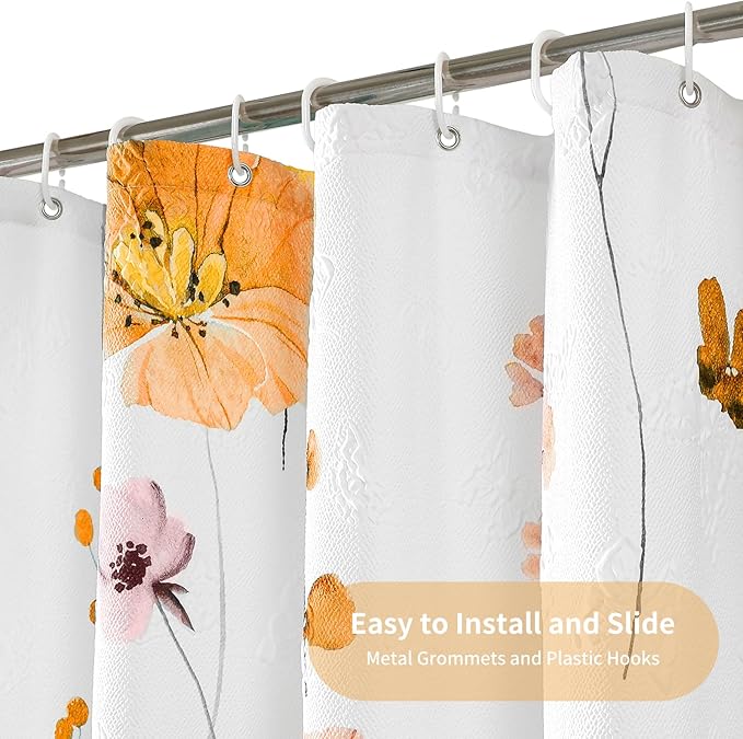 QIYI Watercolor Floral Shower Curtain, 3D Embossed Butterflies Orange Pink Flower Bathroom Curtain, Minimalist White Cloth Bath Curtain, Waterproof Fabric Textured Shower Curtain Set with Hooks, 72x72