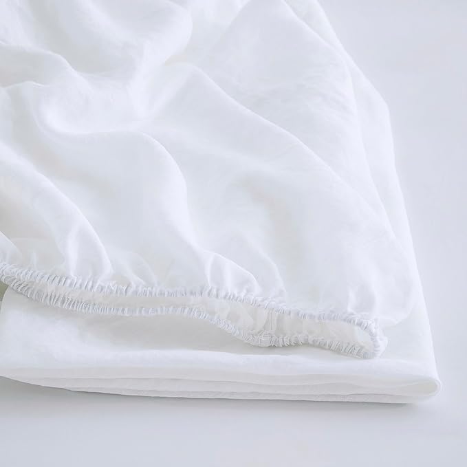 100% Linen Fitted Sheet Twin(1 Piece), 15 Inch Deep Pocket Mattress Cover French Flax Stone Washed Farmhouse Soft Breathable Bottom Sheets(White, Twin)