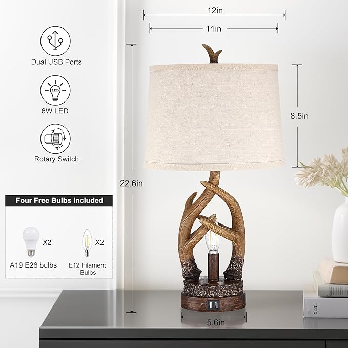 Rustic Table Lamps Farmhouse Antler Lamps Set of 2 Western Bedside Lamps for Bedroom with USB Charging Ports Nightlight,Vintage Resin Nightstand Table Lamps for Living Room (Bulbs Included)