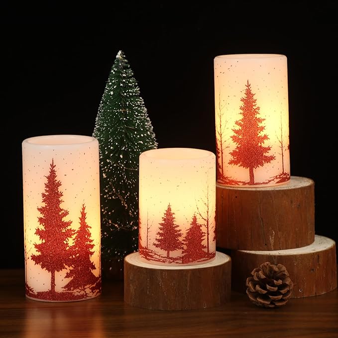 DRomance Christmas Tree Flameless Flickering Candles Battery Operated with 6H Timer, 3 Pack Real Wax Warm Light LED Pillar Candles Dinner Tabletop Holiday Centerpiece Decor 3" x 6"