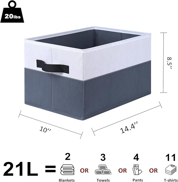 WUIKE Storage Baskets for Shelves, Fabric Closet Storage Bins with Handles, Foldable Clothes Organizer Bins for Bedroom, Nusery, Gray & White, Large, 3-Pack