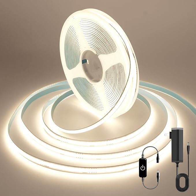 COB LED Strip, 16.4ft White LED Strip Light, Dimmable LED Light Strip 4000K Bright Neutral White, CRI92+, 8mm Width, 24V Flexible LED Tape Light for TV, Bedroom, Kitchen Cabinet, Closet, Home.