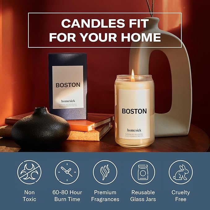Homesick Scented Candles for Home (Boston) - 13.75 oz Long-Lasting Soy Wax Jar Candle for Women & Men for All Occasions, 60-80 Hours Burn Time - Notes of Orange, Tea & Nutmeg