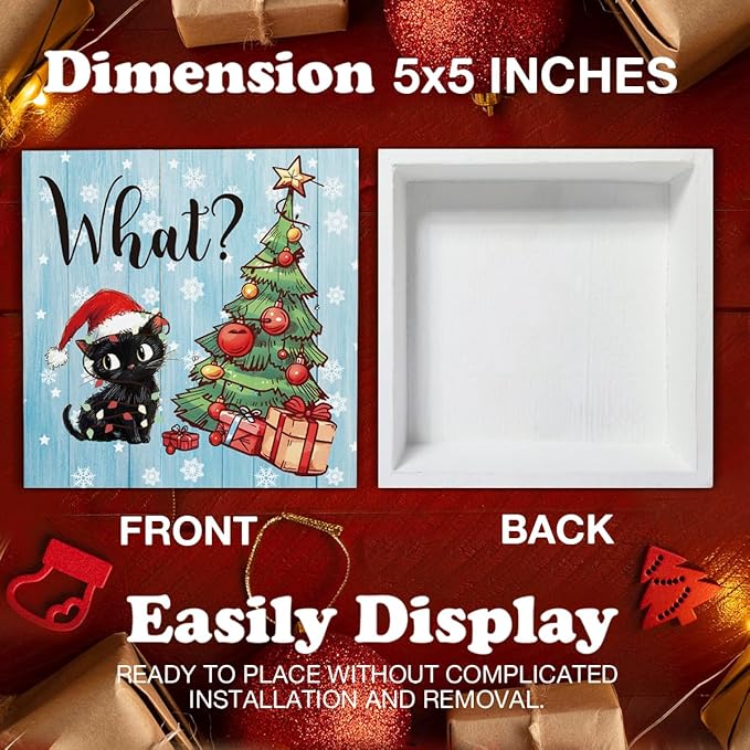 Funny Christmas Decorations, Black Cat Wooden Sign Decor, Christmas Tree Wooden Block Sign, Christmas Decor for Table Shelf 5 x 5 Inch