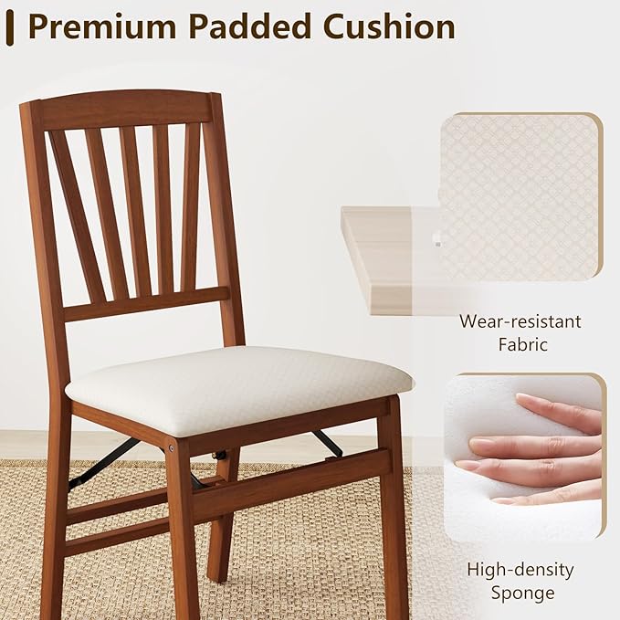 COSTWAY Folding Dining Chairs Set of 4, Upholstered Wooden Dining Room Chairs with Fabric Padded Seat, Solid Wood Frame and 400LBS Capacity for Kitchen Apartment (Beige & Brown)