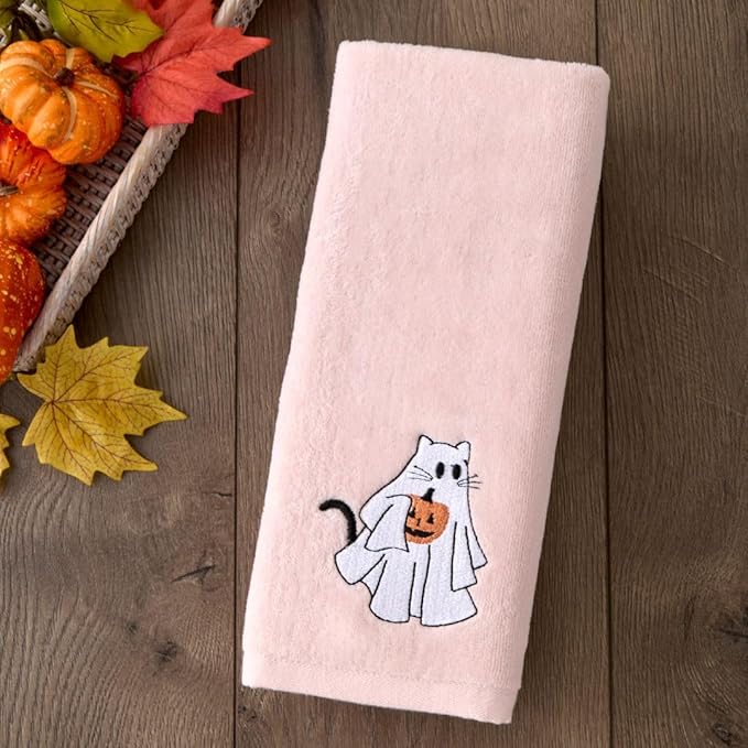 SKL Home Halloween Ghost Cat 100% Cotton Embroidered 2pc Hand Towel Set, Decorative for Bath/Kitchen/Bar & Gift, Pink