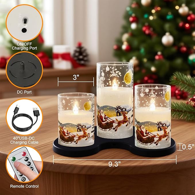 DRomance Santa Glass Flameless Candles Rechargeable Battery Operated with Remote and Timer Real Wax LED Flickering Pillar Candles White Cold Light Window Christmas Holiday Decor D3 x 4",5",6"