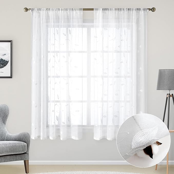 HOMEIDEAS White Sheer Curtains 52 X 63 Inches Length 2 Panels Embroidered Leaf Pattern Pocket Faux Linen Floral Semi Sheer Voile Window Curtains/Drapes for Bedroom Living Room