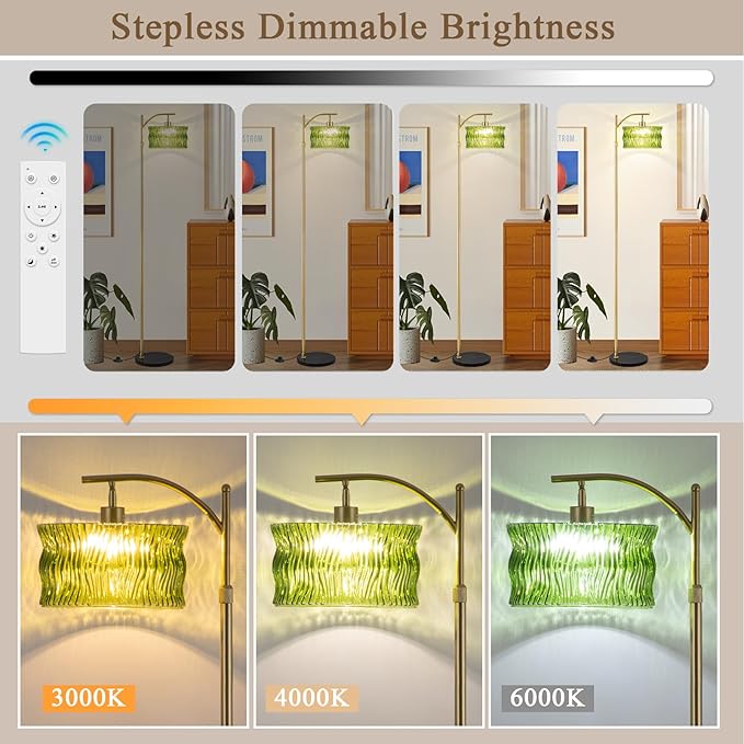 Glass Floor Lamp for Living Room, Modern Gold Standing Lamp with Remote Control & 3 Color Temperature, Green Floor Lamps with Glass Lampshade Dimmable Tall Floor Lamp for Bedroom Corner