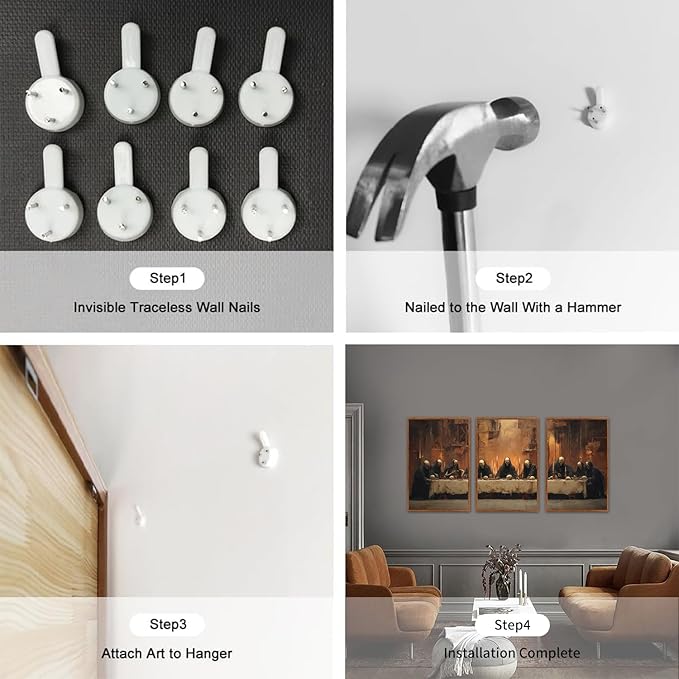 KAIRNE Framed Skeleton Canvas Wall Art,Abstract Retro Skull Pictures Set of 3(16”X24”),Scary Halloween Prints,Horror Wall Art,Skeleton Last Supper Posters for Living Room Bedroom Ding Room Decoration