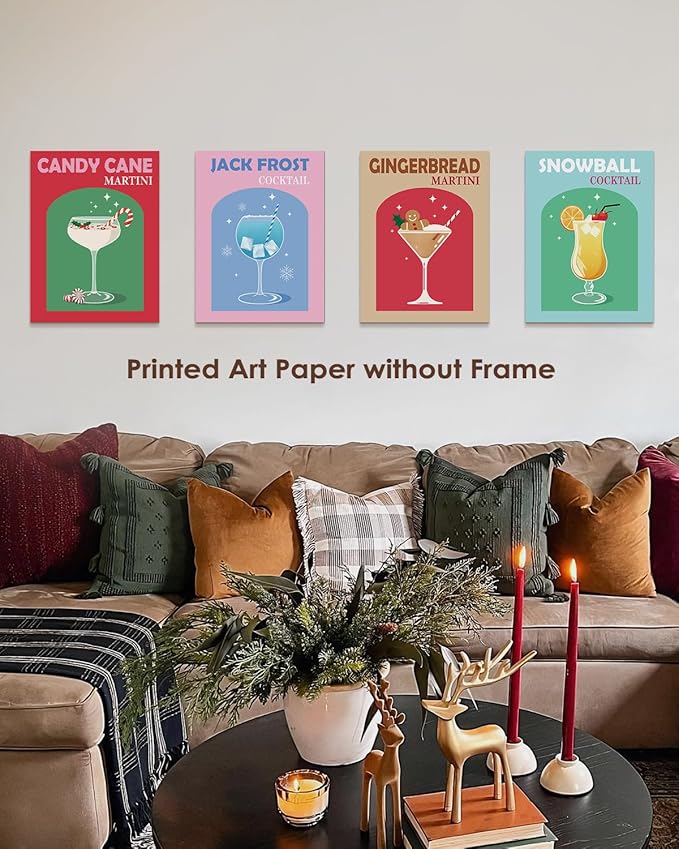 Wheatwin Retro Cocktail Christmas Wall Art Prints Set of 4, Funny Gingerbread Alcoho Wine Glass Print Cute Preppy Posters Aesthetic, Dorm Bar Party Kitchen Decor, 12x16 (Unframed)