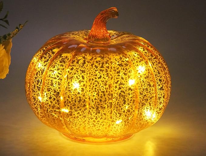 Mercury Glass Pumpkin Light with Timer, with 10 Fairy Lights Inside,Battery Operated Led Pumpkin Light,Ideal for Halloween Fall Decoration, Thanksgiving Rustic Decor, Xmas Decor (Gold)