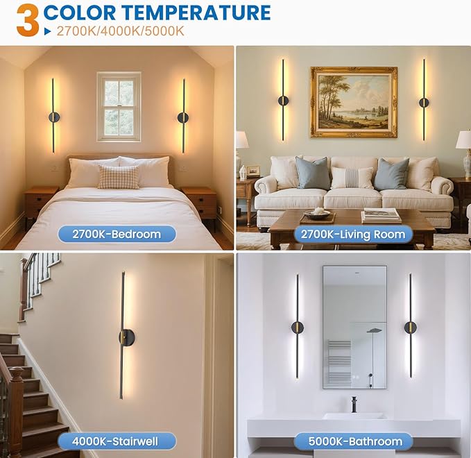 NIORSUN 34 Inch Battery Operated Wall Sconce Set of 2, Black-Gold Round Base Rechargeable Wall Lights with Remote, 3CCT Dimmable Wireless Wall Sconces for Living Room Bedroom Hallway