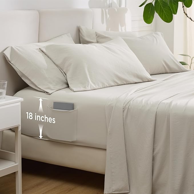 Bedsure Deep Pocket King Sheet Set - 6 Piece, Prewashed Ultra-Soft King Size Sheets Set, Fits Mattresses Up to 18 Inches Thick, Breathable & Secure Fit, Hotel Luxury Bedding, Linen