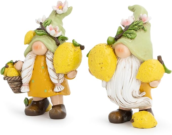 Hodao Set of 2 Lemon Gnome Figurines Sets - Lemon-Themed Gnomes Indoor Home Decor for Summer - Decorative Gnomes for Kitchen, Living Room, or Shelf - Cute Yellow Ornaments for Thanksgiving (Yellow-2)