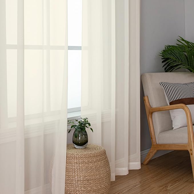 Aiyufeng Cream Sheer Curtains 63 Inch Length 2 Panels Set for Living Room, Light Filtering Green Window Sheers Drapes for Bedroom, Each 42" W x 63" L