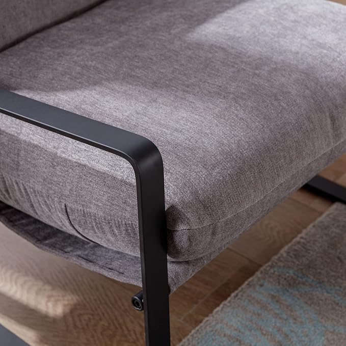 Mid-Century Accent Chair Set of 2, Comfy Linen Fabric Side Chair with Armrest, Upholstered Leisure Chair with Black Metal Frame for Living Room Bedroom Reception Room, Grey