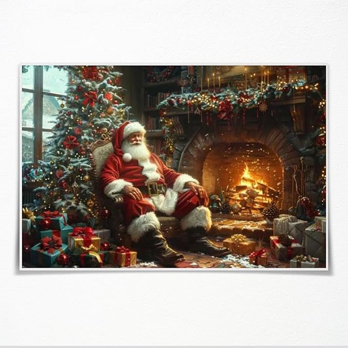 Vintage christmas wall art christmas tree gift canvas poster winter room holiday decor santa claus cozy fireplace decoration for living room bedroom Unframed24x16inch