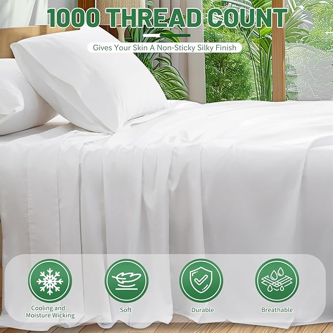 Egyptian Cotton Sheets Full Size 4PCS 1000 Thread Count Sateen Weave Soft Breathable 16-Inch Deep Pocket (Full,White)