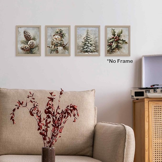 TLESKE Vintage Winter Christmas Posters Prints Unframed Set of 4, Pine Cones Snowman Cardinal Wall Art Prints Decor for Living Room Bedroom, Rustic Pine Tree Holly Berries Wall Pictures, 8x10 Inches