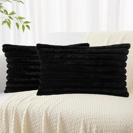 decorUhome Faux Fur Throw Pillow Covers 12x20 Set of 2, Decorative Soft Plush Striped Lumbar Neutral Couch Euro Pillow Covers with Velvet Back for Sofa, Bed, Living Room Home Decor, Black