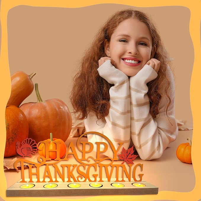 Metal Happy Thanksgiving Sign, Tiered Tray Decor with 18 Pcs Tealights, Orange Fall Decorations Tea Lights Candles Holders for Home, Office, Shelf, Mantel, Indoor, Table, Autumn Decoration