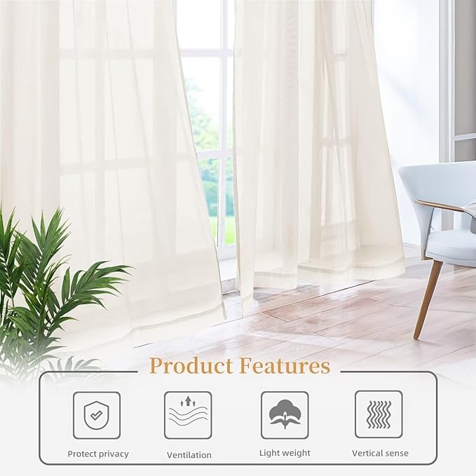 Sheer Curtains 45 Inches Long 2 Panels, Rod Pocket Short Curtain for Kitchen, Bedroom, Cafe Window(Ivory 38" W x 45" L)