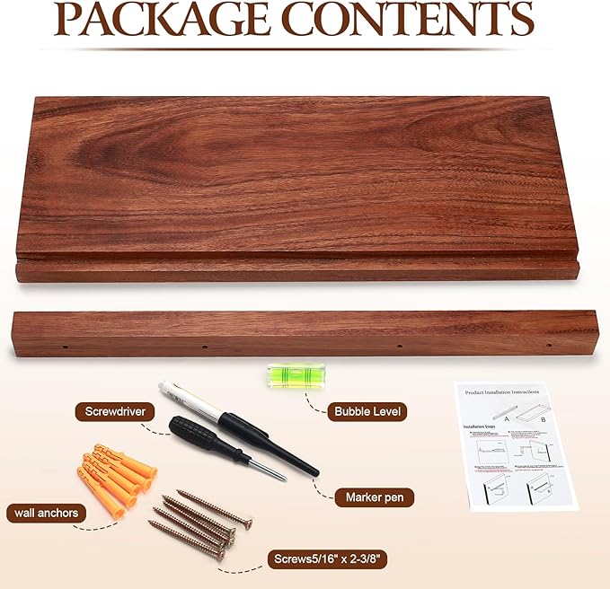 Solid Walnut Floating Shelves for Wall, 16"*6.7"*1.6"Real Thick Wood Mounted Wall Display Shelf with Joinery for Home Decor, Bathroom,Kitchen Set of 1(Natural Walnut Brown)