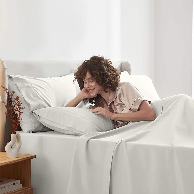 Nestl Extra Deep Split King Sheet Set - 7 Piece Breathable & Cooling Sheets - Hotel Luxury Bedding Set w/18-24 Inch Deep Pockets - Easy & Secure Fit - Super Soft, Wrinkle Free & Comfy - Off White