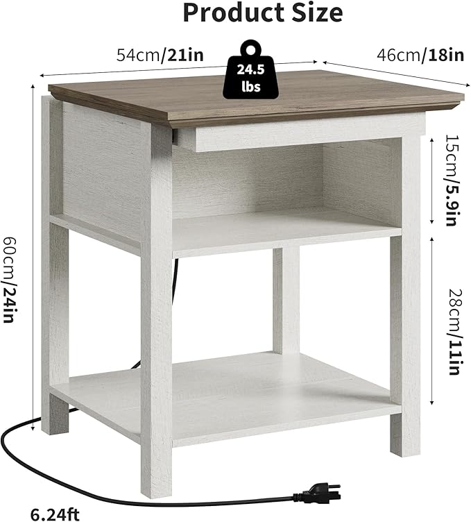 Rresyet Sliding Side Table with Charging Station & 2-Tier Storage,Farmhouse End Table, Wooden Nightstand for Bedroom & Living Room,White