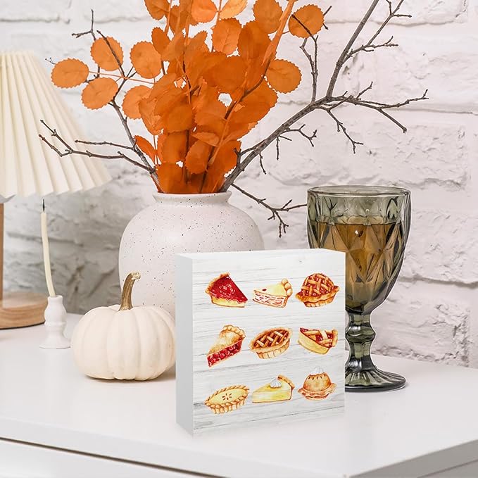 Thanksgiving Fall Decoration Baking Signs Office Bedroom Dining Room Decor Wooden Box Block Plaque Wood Products Sign for Desk Table Tabletop Decor 5 x 5 inches Tub2308