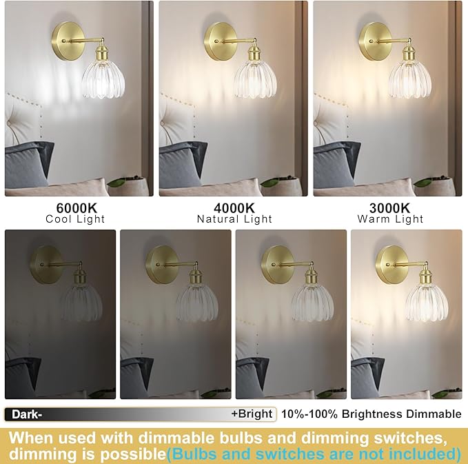 Vintage Wall Sconces Set of Two,Hardwired Wall Lights with Clear Tulip Glass Lampshade,Gold Wall Lamps for Bedroom Bedside Stairway Bathroom Living Room(Bulbs Not Included)