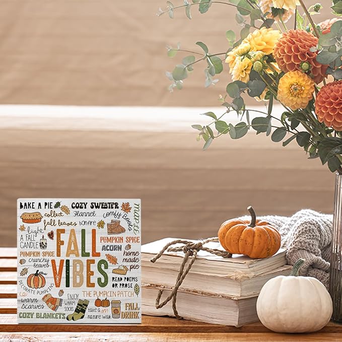 Autumn Thanksgiving Happy Fall Pumpkin Drink Maple Leaf Office Bedroom Dining Room Decor Wooden Box Block Plaque Wood Products Sign for Desk Table Tabletop Decor 5 x 5 inches Tub1601