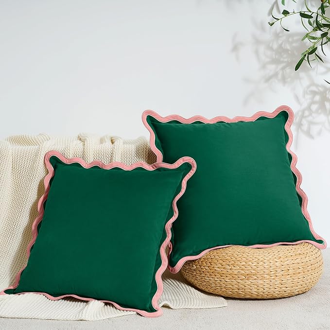 MONDAY MOOSE Decorative Throw Pillow Covers Cushion Cases, Set of 2 Soft Velvet Scalloped Wavy Edge Designs, Mix and Match for Home Decor, Pillow Inserts Not Included (Pink/Green, 18x18 inch)
