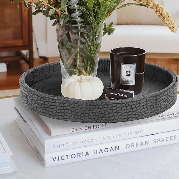 HofferRuffer Faux Leather Round Serving Tray, Vegan Croco Leather Decorative Tray, Food Tray for Storage Drinks, Snack & Cosmetics, Dia.12'' x 1.6'' (Dark Grey)