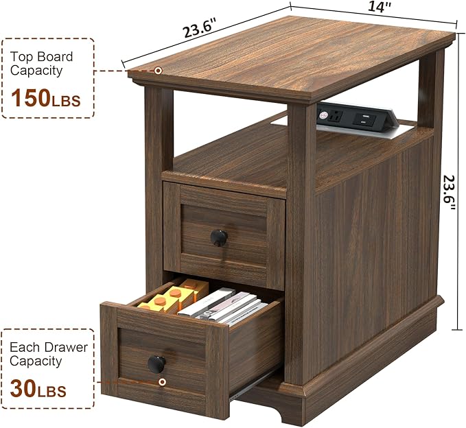 HIFYOBRO Narrow End Table with Flip Top Charging Station Set of 2, Side Table with 2 Drawers, Type-C & USB Port & Power outlets, Wooden Storage Cabinet for Living Room and Bedroom