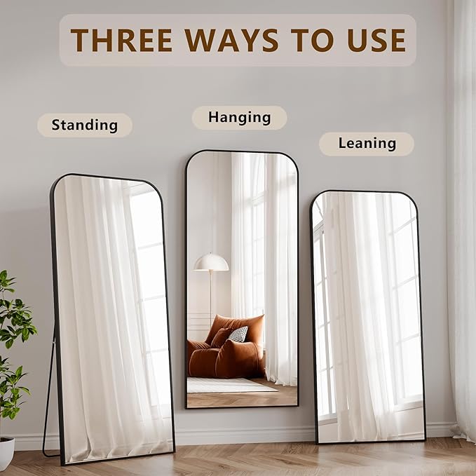 Koonmi Full Length Mirror, 65"x24" Mirror Full Length with Stand, Black Domed Top Square-Edged Floor Mirror with Aluminum Alloy Frame for Bedroom Living Room