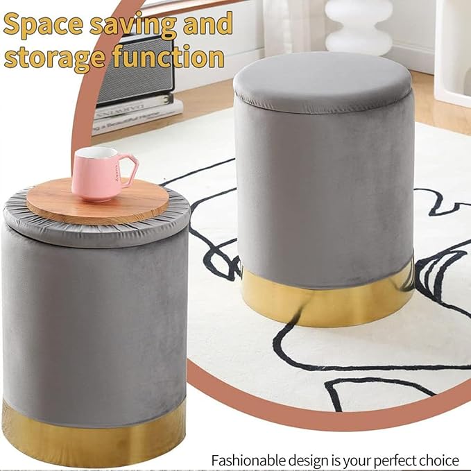 Mxfurhawa Velvet Storage Ottoman Multipurpose Footrest Stool with Metal Base Modern Round Vanity Stool Chair Ottoman Foot Stools Support 300 lbs Padded Seat for Living Room (Grey (Velvet))