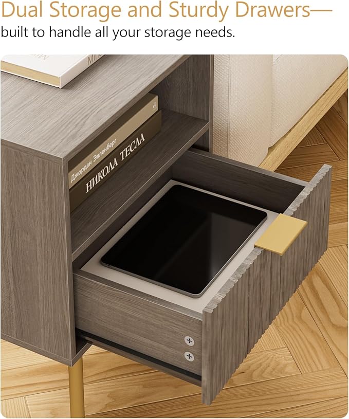 Masupu Night Stand,Mid-Century Modern Bedside Table with Storage Drawer and Open Wood Shelf,Small Gold Frame Side Table for Bedroom,Living Room, Grey