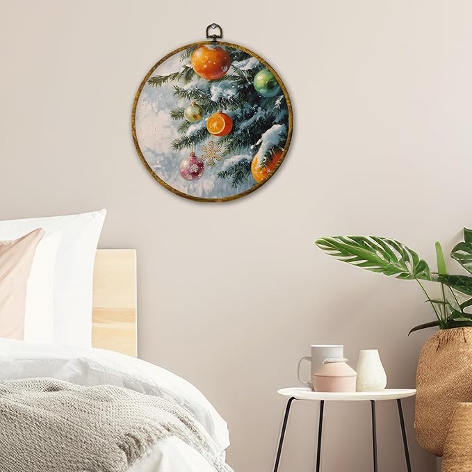 QZQE Christmas Orange Ornaments Bauble Ball Round Wall Art Decor Framed, Christmas Circle Canvas Prints, Rustic Snowy Xmas Tree Circular Wall Hanging Decor for Home Bedroom Living Room, 10x10 Inch