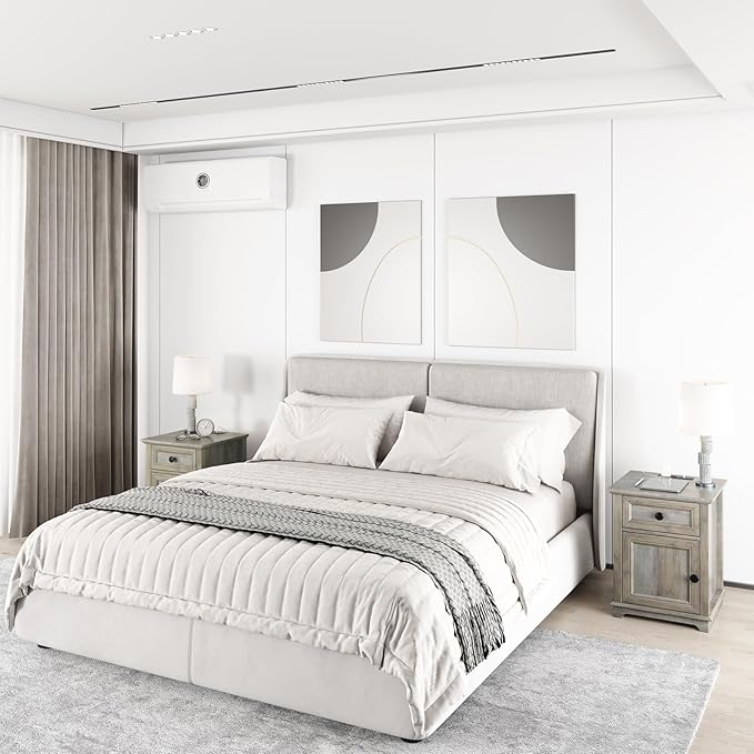End Tables with Charging Station Set of 2, Side Tables with Drawer and Adjustable Shelf, Night Stand Set of 2, Wooden Side Table for Living Room/Bedroom/Office, Light Grey.