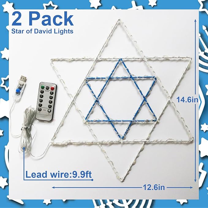 YAOZHOU Hanukkah Decorations Window Silhouette Lights, 8 Lighting Modes USB Powered White Blue 40 LEDs Star of David Hanging Lights with Iron Frame 11.8 x 10 Inch Indoor Decor(2PACK)
