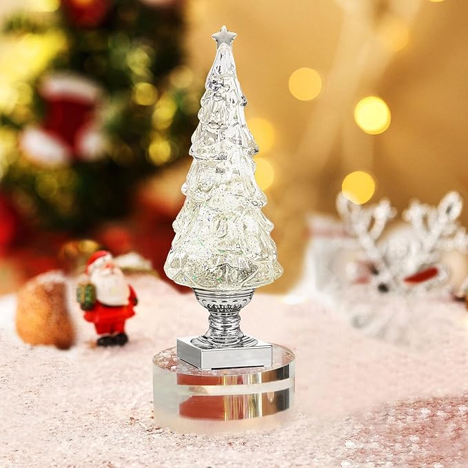 1PC Lighted Christmas Tree,13.9 Inch Tabletop Christmas Tree Lamp, Colorful Lighted Swirling Snow Glitter Tree-Timer- Top Star-Light up Valentines/Christmas Decorations