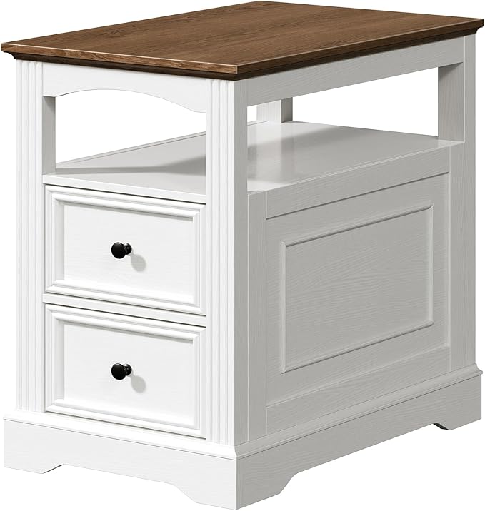 Farmhouse End Table with 2 Drawers, Narrow Sofa Side Table with Storage and Open Shelf, Wooden Nightstand for Small Spaces, Bedroom, Living Room, White and Walnut