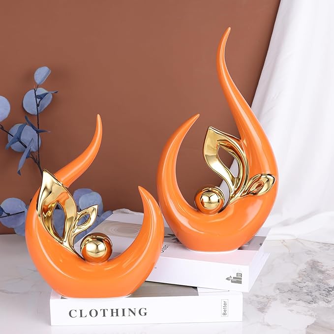 9.4" H Orange Gold Abstract Sculptures Home Decor, Ceramic Art Statue Cool Stuff to Put on Shelves&tv Stand Decor, Gold Accent Entertainment Center, for Fireplace Coffee Table Dining Table Decorate