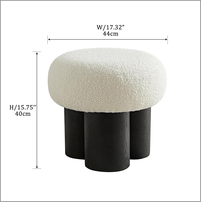 Mushroom Foot Stool, Round Teddy Fabric Ottoman with Non-Skid Legs, Small Footrest for Under Desk, Sofa Couch, Shoe Changing at Entrance, Living Room Bedroom Office (White & Black)
